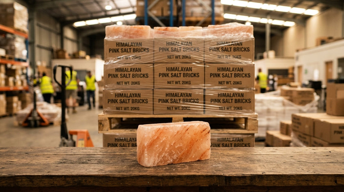 Himalayan salt bulk and retail: one pink salt brick in front of a full pallet of brick packs