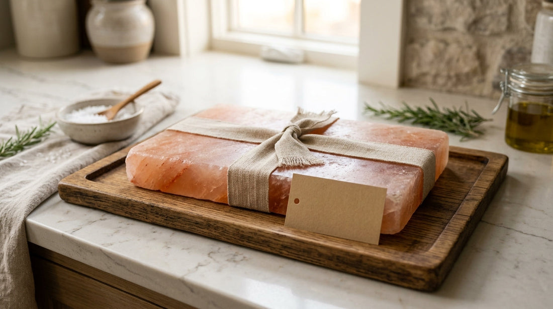 Himalayan salt gifts: pink salt cooking plate on a serving tray wrapped with a linen ribbon