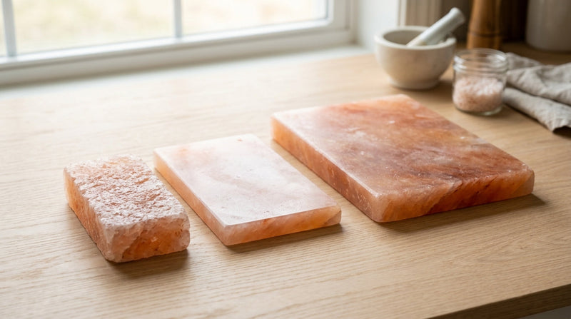 COVER IMAGE ALT TEXT: Salt bricks, tiles, plates compared: a 2-inch salt brick, 1-inch salt tile and 12 x 8 inch salt cooking plate side by side