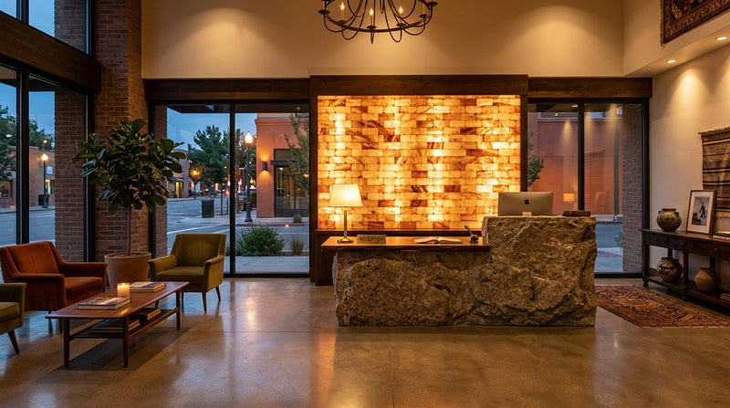 Salt products for hotels: backlit pink salt wall behind a hotel reception desk