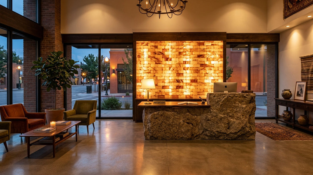 Salt products for hotels: backlit pink salt wall behind a hotel reception desk