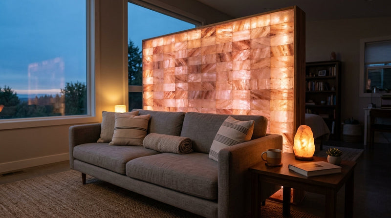 Best Himalayan salt products for home: pink salt tile accent wall and salt lamp in a living room