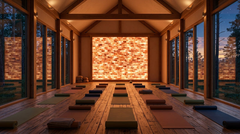 Salt wall for a wellness retreat glowing at the end of a timber yoga hall