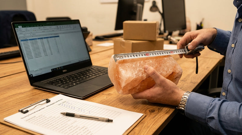 Choose a Himalayan salt supplier: buyer measuring a pink salt brick from a test order