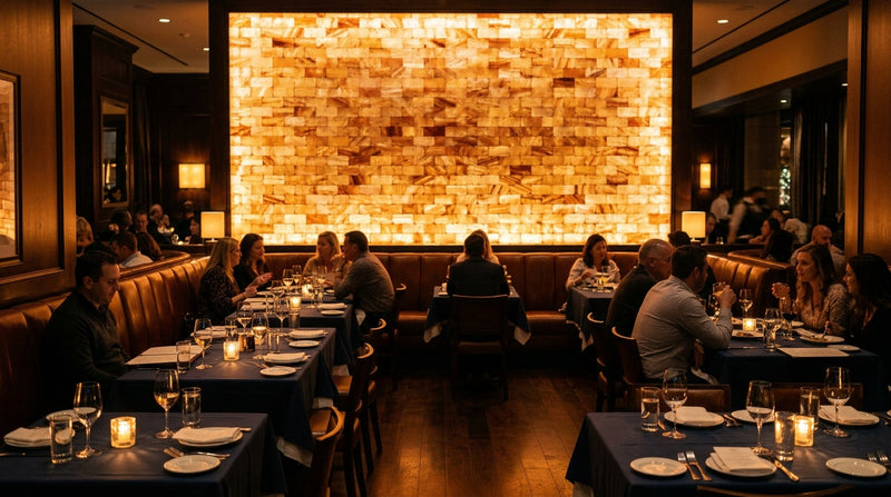 Salt wall restaurant feature: backlit Himalayan pink salt brick wall behind a dining room banquette