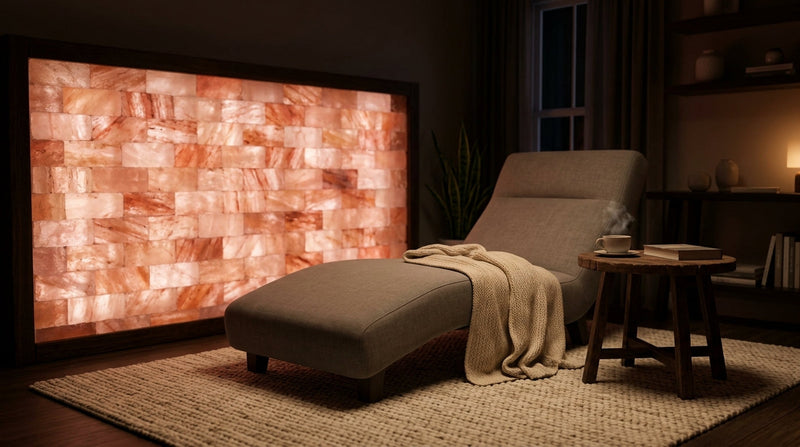 Salt wall home wellness room with a glowing Himalayan pink salt wall behind a lounge chair