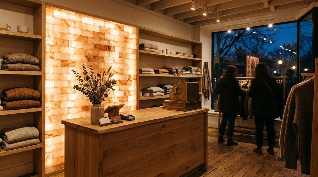 Salt wall business ideas: backlit Himalayan pink salt wall glowing behind a boutique checkout counter
