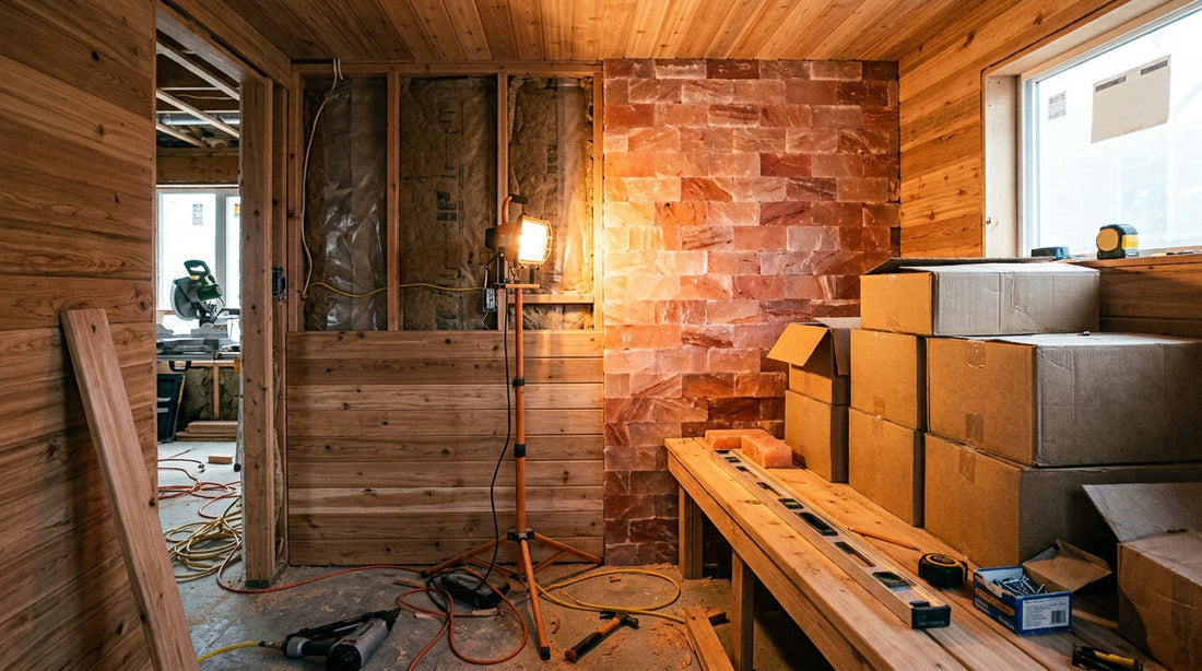 Sauna salt bricks stacked on a bench beside a partly finished salt wall