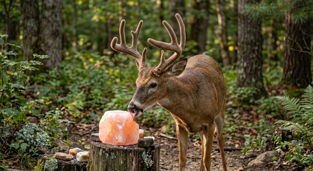 Velvet-antlered whitetail buck licking a pink salt block at a forest mineral station.