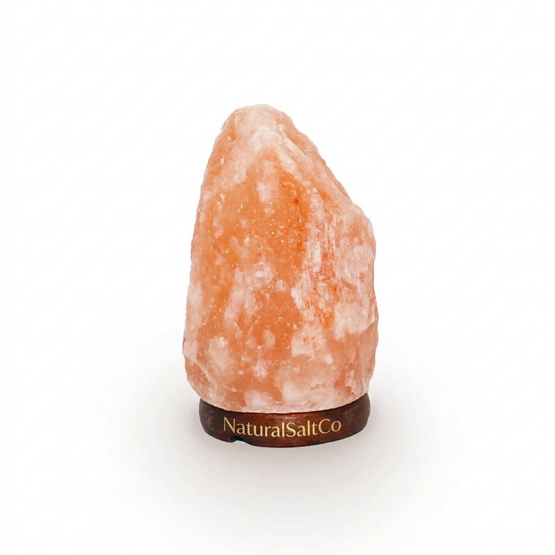 Himalayan salt lamp with 'Natural Salt Co' branding on a white background