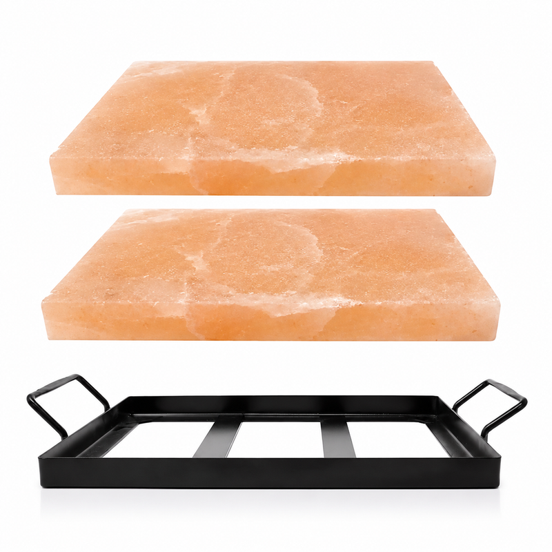 Himalayan Salt Cooking Plate (Pack of 2) with Serving Tray – 12″ × 8″ × 1.5″ Salt Block