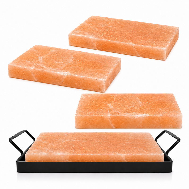 Himalayan Salt Cooking Plates (Pack of 4) with Serving Tray – 12″ × 8″ × 1.5″ Salt Blocks