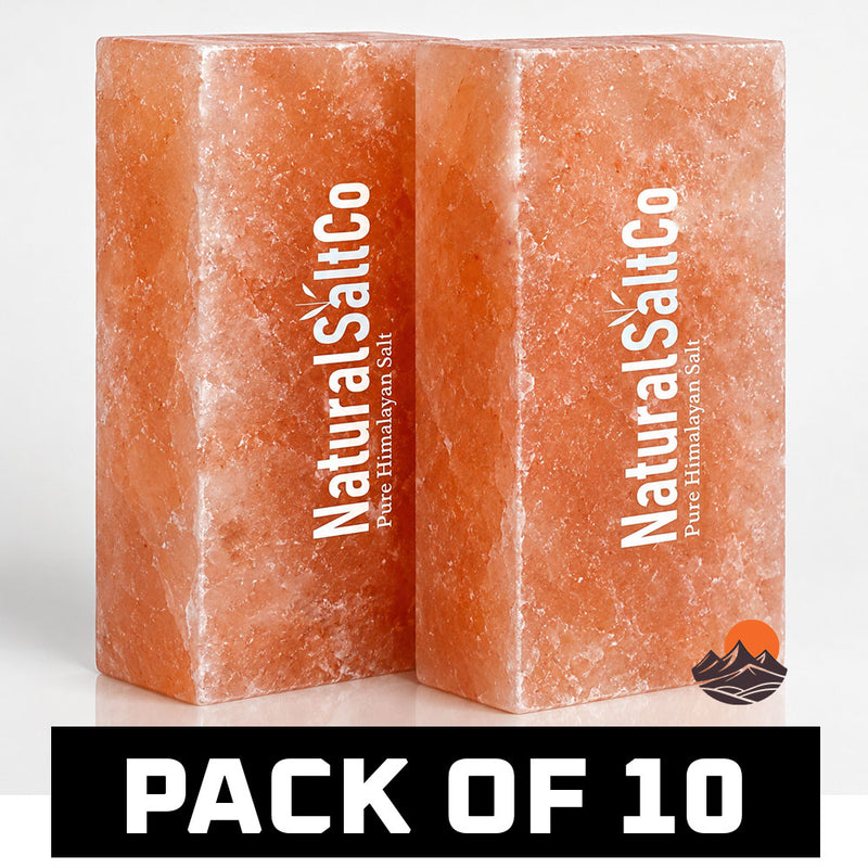 Two blocks of Himalayan salt with 'Natural Salt Co' branding on a white background.