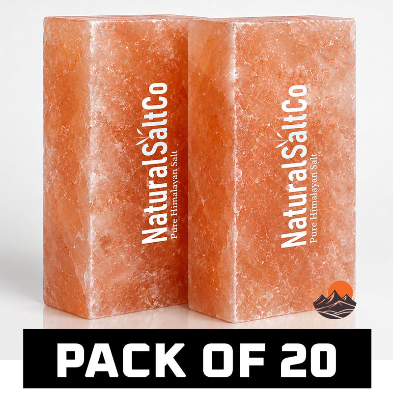 Two blocks of Natural SaltCo Himalayan salt on a white background with 'Pack of 20' text.