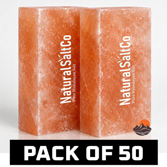 Two blocks of Natural SaltCo Himalayan salt on a white background with 'Pack of 50' text.