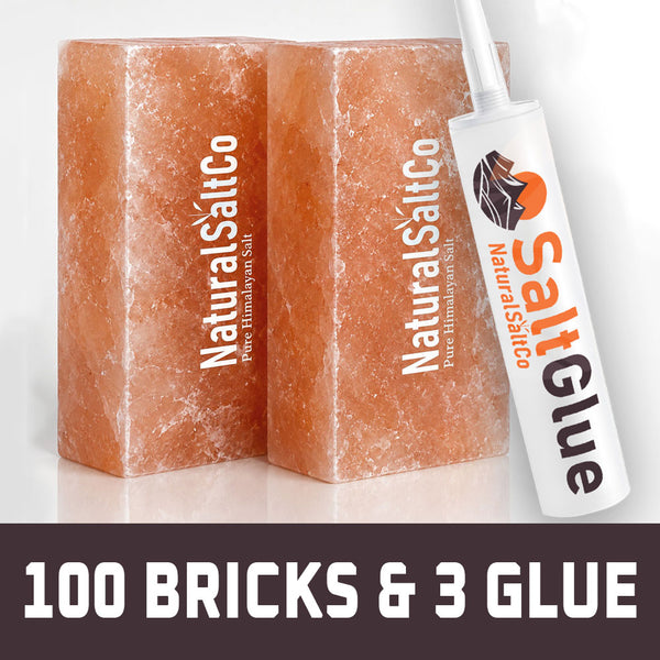 Two blocks of Natural SaltCo salt and a tube of Salt Glue on a white background.