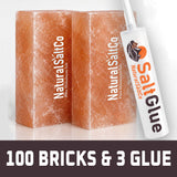 Two blocks of Natural SaltCo salt and a tube of Salt Glue on a white background.