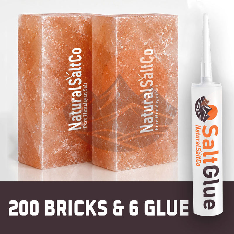 Himalayan Salt Bricks for Sauna – 200 Pack with 6 Salt Adhesive (8×4×2 in)