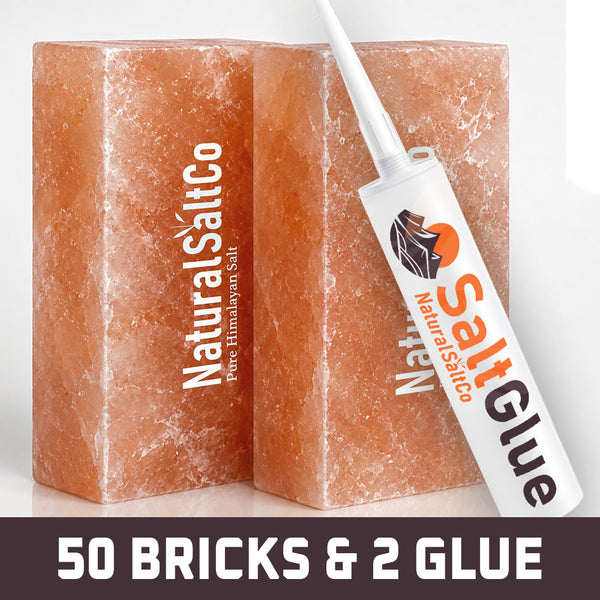 Two blocks of Himalayan salt and a tube of Salt GlueCo on a white background with 'Natural Salt Co' branding.