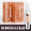 Two blocks of Natural SaltCo Pure Himalayan Salt and a tube of Natural SaltCo Glue on a white background.