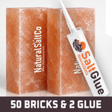 Two blocks of Himalayan salt and a tube of Salt GlueCo on a white background with 'Natural Salt Co' branding.