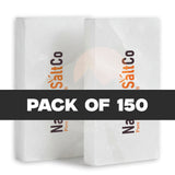 Two packages of SaltCo salt with a text overlay indicating 'Pack of 150' on a white background.