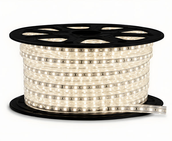 Spool of LED strip light on a white background
