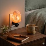 Decorative night light on a bedside table with a cup, notebook, and pen.