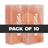 Pack of 10 pink Himalayan salt blocks with 'NashSaltCo' branding on a white background.
