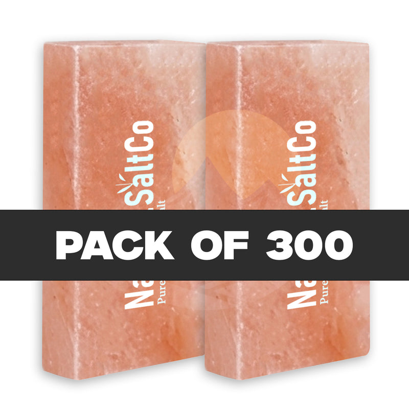 Four pink salt blocks with 'SaltCo' branding on a white background, labeled as a pack of 300.