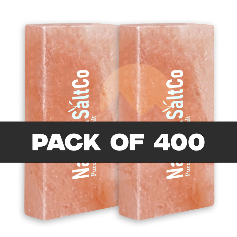 Four pink salt blocks with 'SaltCo' branding on a white background, labeled as a pack of 400.