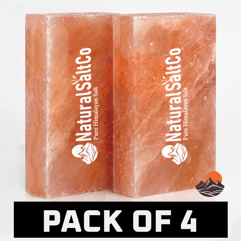 Two rectangular blocks of Natural Salt Co. Himalayan salt shown side by side on a white background, with a black banner at the bottom reading 'PACK OF 4'.
