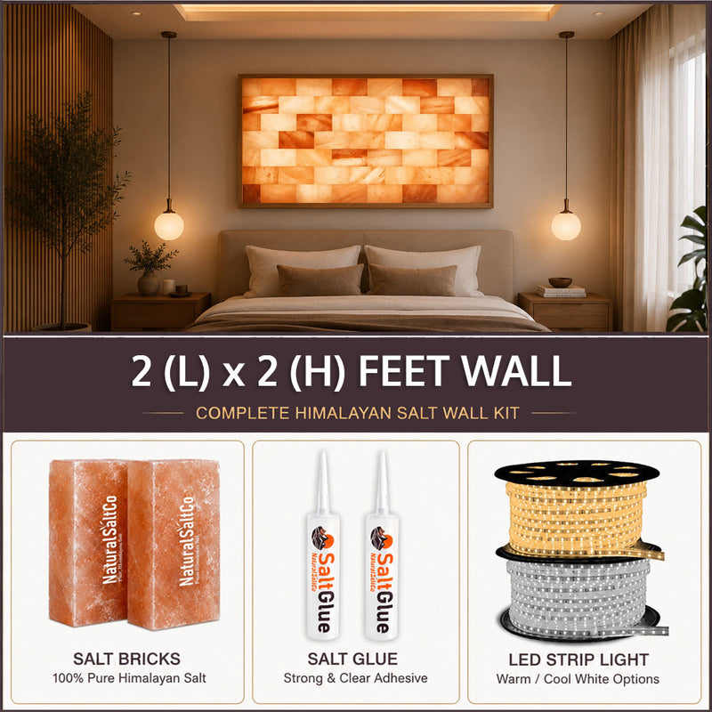Himalayan salt wall kit with salt bricks, glue, and LED strip light in a bedroom setting.