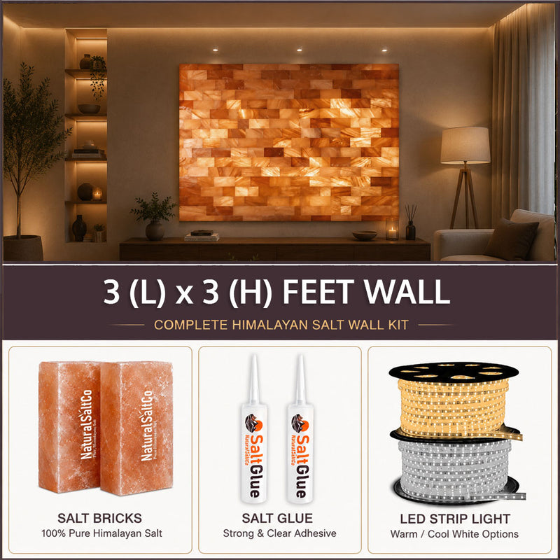 Himalayan salt wall kit with salt bricks, glue, and LED strip light in a living room setting.