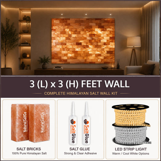 Himalayan salt wall kit with salt bricks, glue, and LED strip light in a living room setting.
