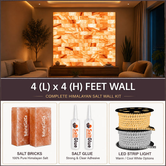 Himalayan salt wall kit with salt bricks, glue, and LED strip light in a living room setting.