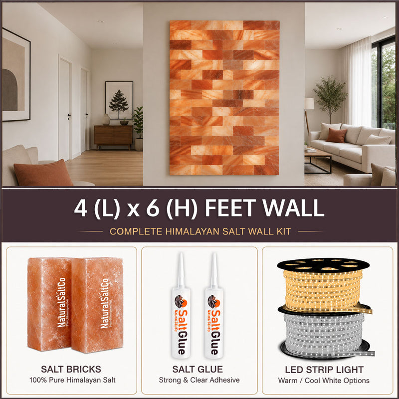Himalayan salt wall kit with salt bricks, glue, and LED strip light displayed against a neutral background.