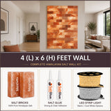 Himalayan salt wall kit with salt bricks, glue, and LED strip light displayed against a neutral background.