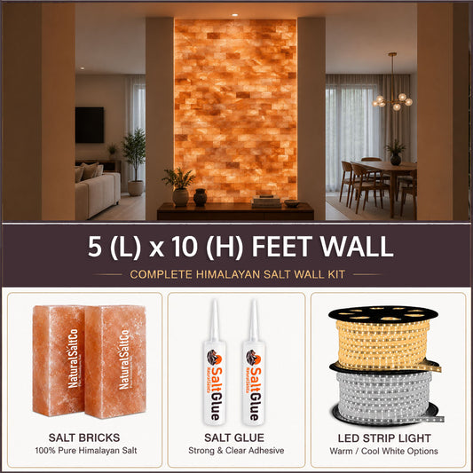 Himalayan salt wall kit with salt bricks, glue, and LED strip light in a home setting.