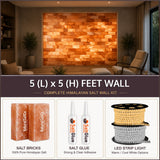 Pink Salt Wall 5×5 ft – 25 Sq Ft Himalayan Salt Brick with LED Strip& Adhesive