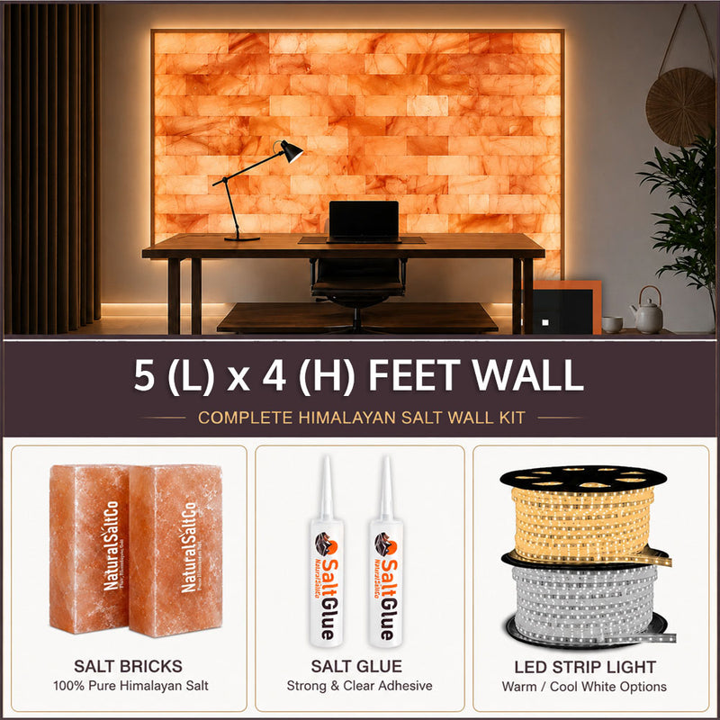 Himalayan salt wall kit with salt bricks, glue, and LED strip light displayed against a salt wall background.
