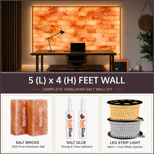 Himalayan salt wall kit with salt bricks, glue, and LED strip light displayed against a salt wall background.
