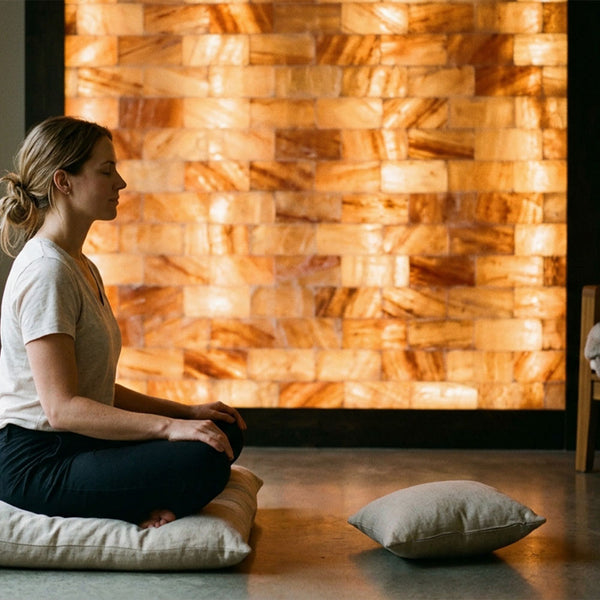A woman sits cross-legged in profile on a cushion in a dimly lit room, with a glowing stack of natural salt lamps behind her and another cushion on the floor in front.