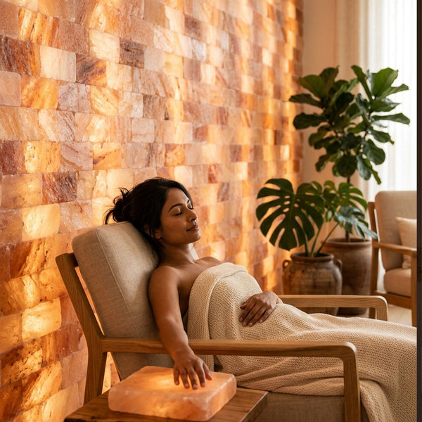 A woman relaxes in a wooden armchair wrapped in a cream knit blanket, with a glowing salt lamp on the table beside her. The background features a warm, illuminated salt wall and potted green plants.