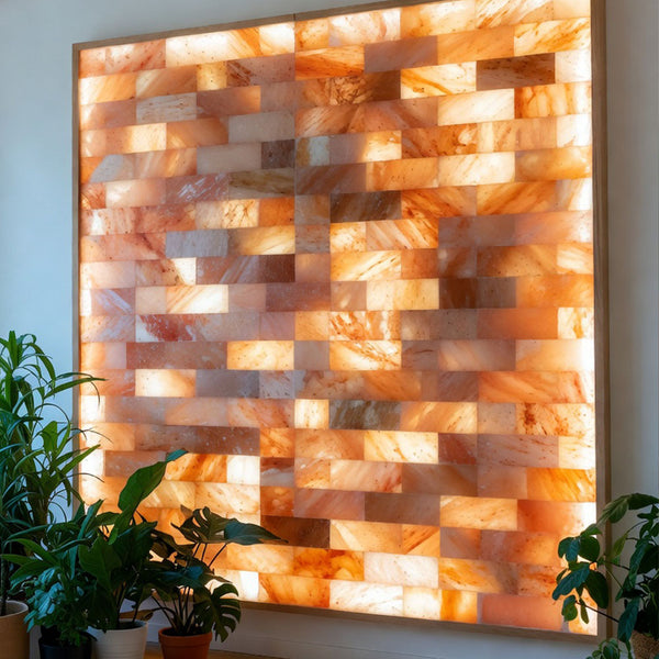 A large square wall-mounted salt lamp panel made of glowing orange and cream stone blocks, framed in light wood, shown in a room with potted green plants around it.