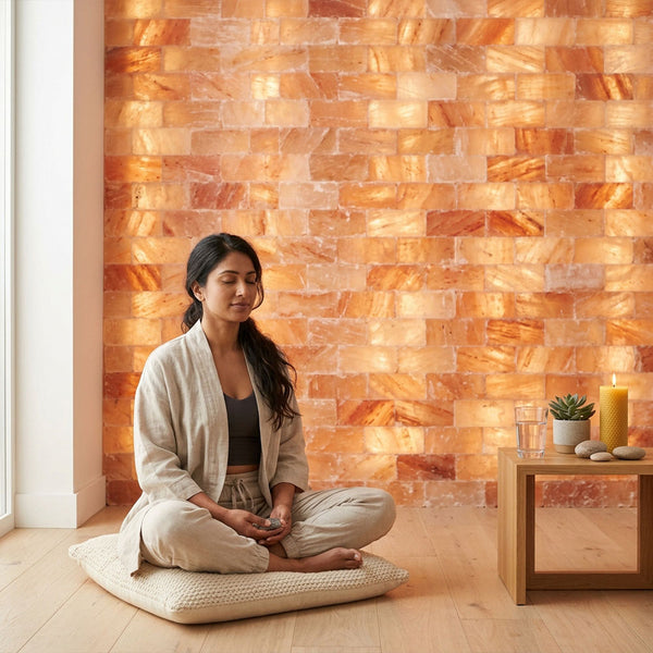A woman sits cross-legged on a cream cushion in a meditative pose in front of a glowing orange-brown salt wall. She wears a light beige open-front robe over a dark gray top and beige pants.