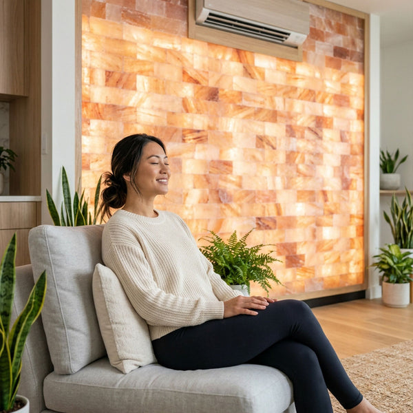 A woman sits comfortably on a light gray sofa in a modern living room, with a large illuminated salt wall behind her. She is wearing a cream-colored ribbed sweater and black leggings.