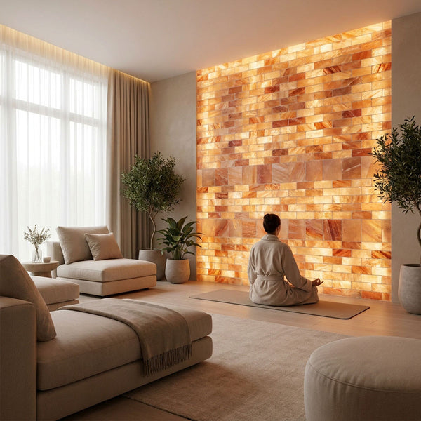 A person sits cross-legged on a yoga mat in a bright, modern living room with beige furniture and a large illuminated stone wall behind them.