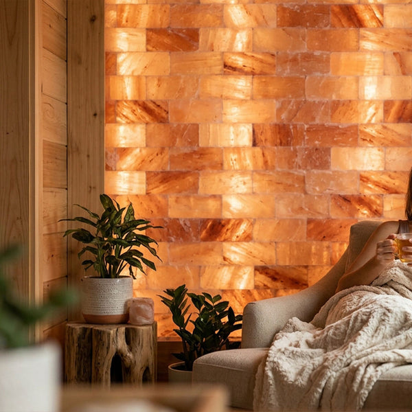 A cozy interior scene with a glowing stack of warm-toned salt lamps mounted on a wall behind a lounge chair and potted plants.