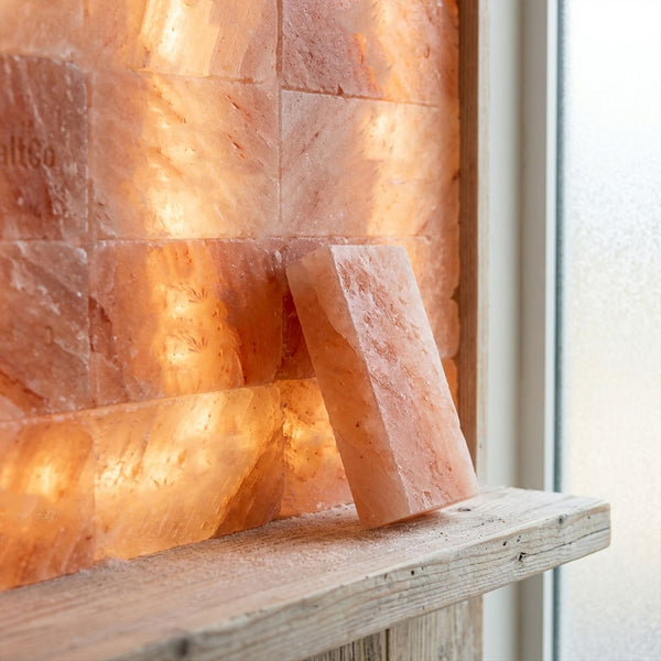 A glowing pink salt lamp made of stacked rectangular salt blocks, with one block leaning against a rustic wooden shelf in front of a bright window.